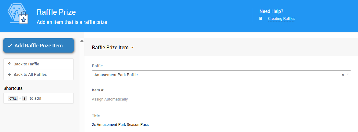 Add Raffle Prize Item button on the Raffle Details page