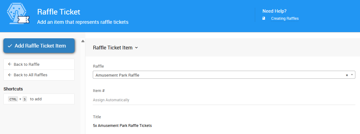 Add Raffle Ticket Item button on the Raffle Details page