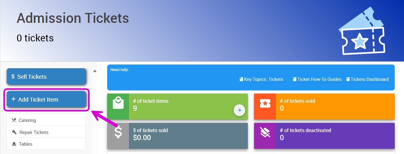 Tickets Page Add Ticket Item Button