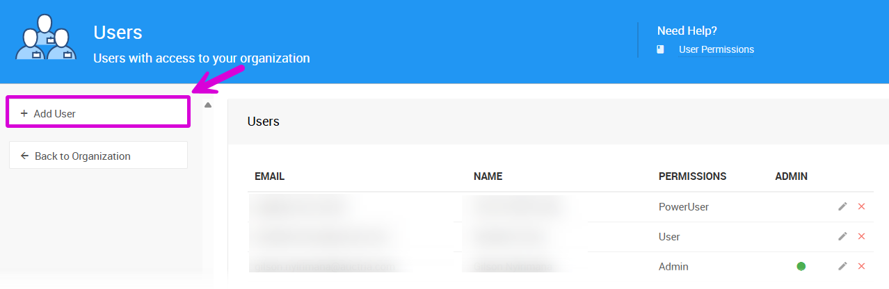 Add User button on Organization page