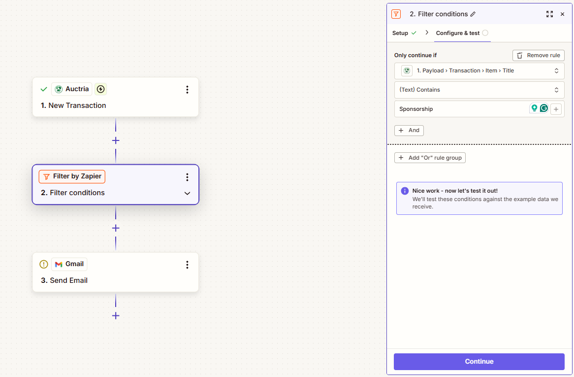 Adding a Filter by Zapier step between the trigger and action, with a condition set on Item Title