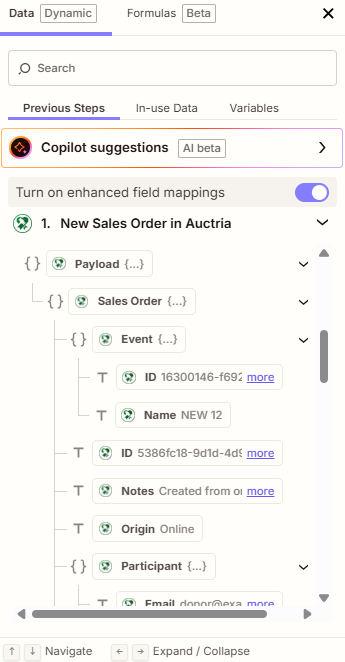 Clicking the + button on a Zapier field opens the Payload tree, where individual fields can be selected and inserted as tokens