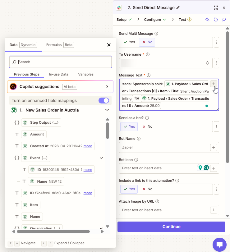 Building a Slack message with inserted Payload tokens for item name and sales order total.