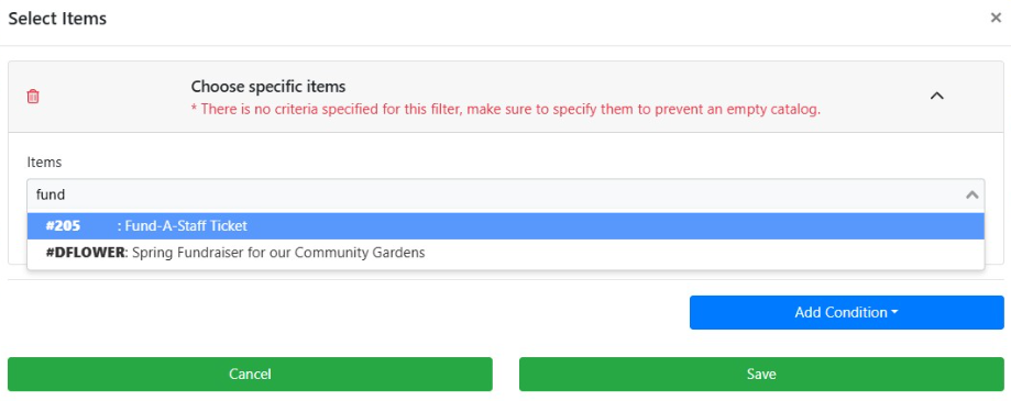 Fund-A-Staff Ticket selected from the item filter list