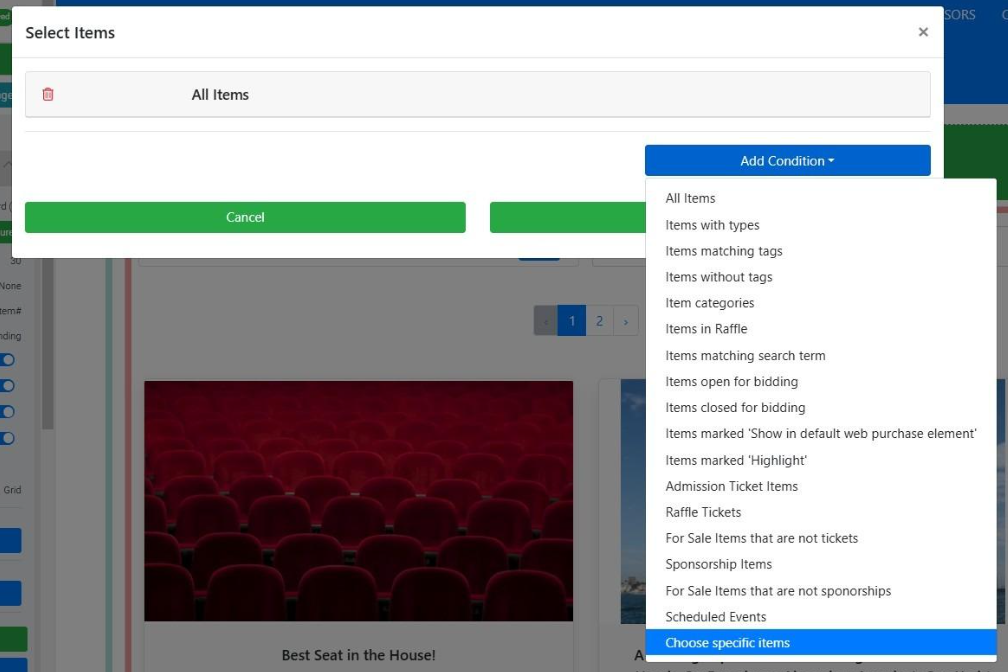 Choose specific items option in the condition drop-down