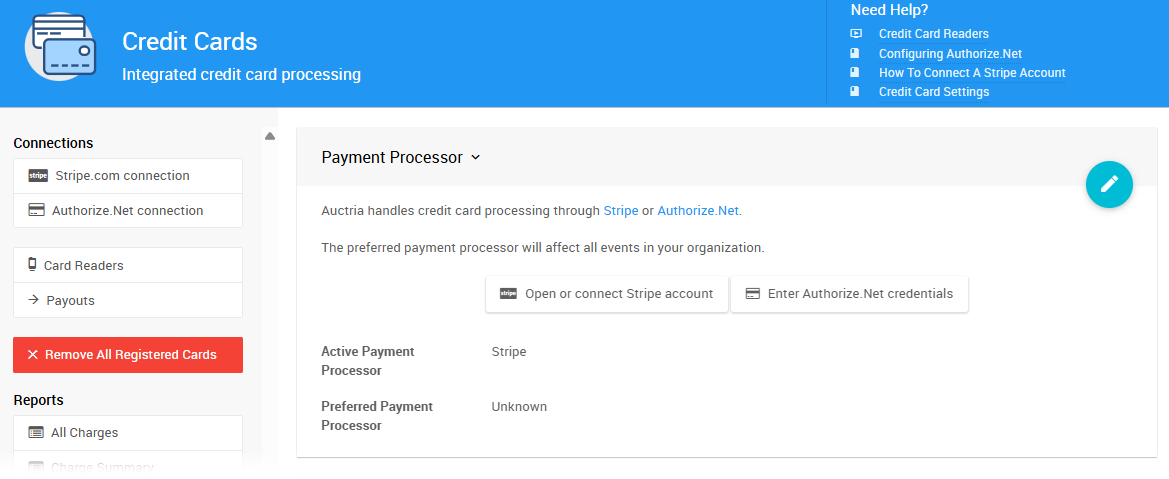Credit Cards Page in Auctria Dashboard