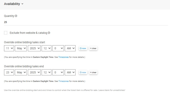 Configured Availability section showing Quantity and sales start/end override fields