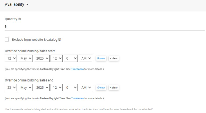 Configured Availability section showing Quantity and sales start/end override fields