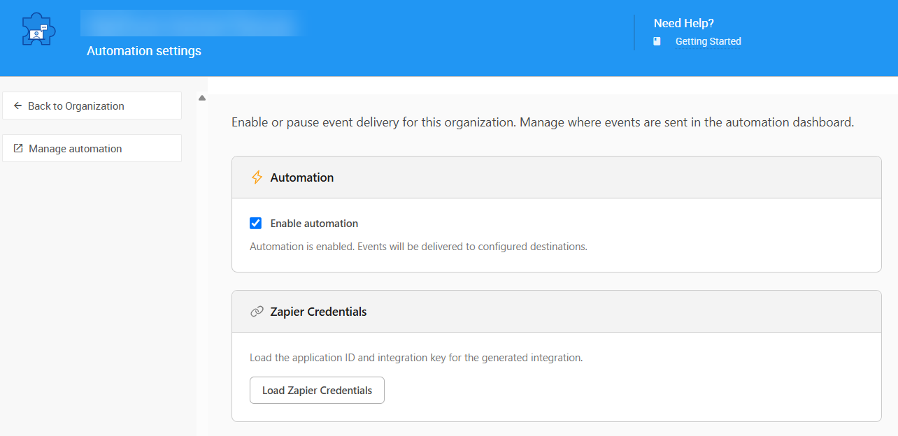 Automation Settings page in Organizations dashboard