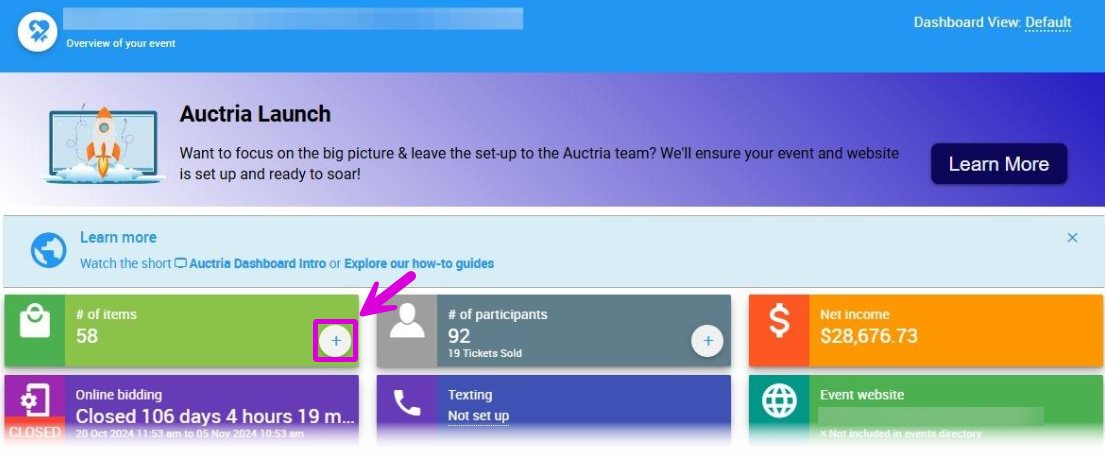 + button in the Items block on the Auctria dashboard