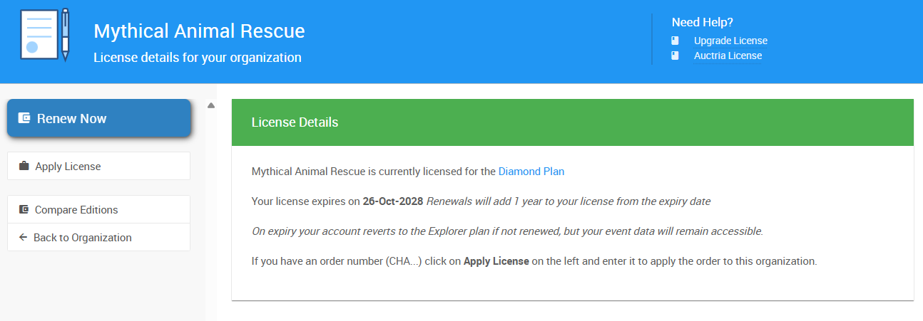License Details page in Auctria