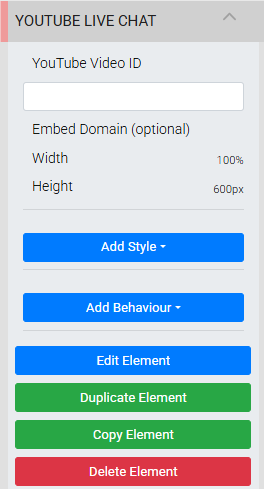 YouTube Live Chat element configuration