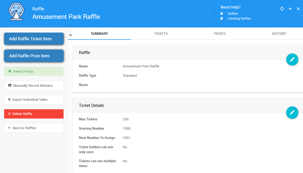 Raffle Details page with the Add Raffle Ticket Item and Add Raffle Prize Item buttons
