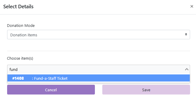 Choose item(s) selector in the Select Details dialog with a donation item selected