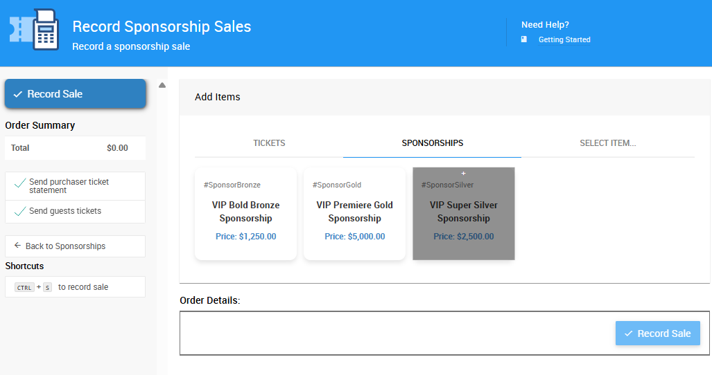 Auctria Record Sponsorship Sales Page