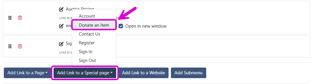 Add Link to a Special Page Donate an Item