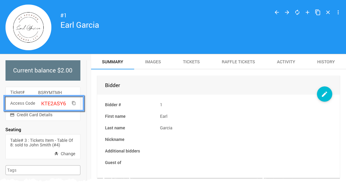 Participant Access Code shown on the Participant Details Summary tab