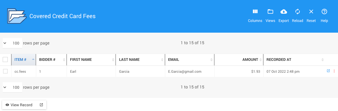 Covered Credit Card Fees report showing transaction details