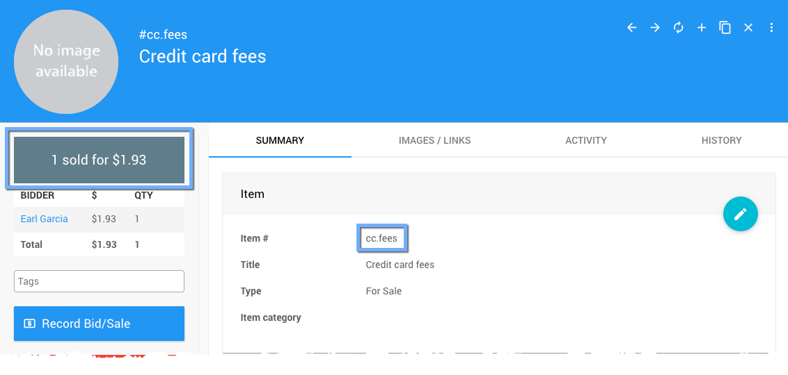 The cc.fees item in the item list