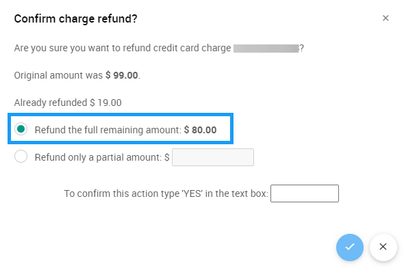 Confirm charge refund popup window