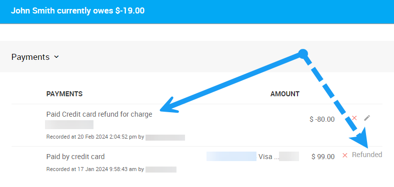 Refunded status shown on the original payment in the Activity tab