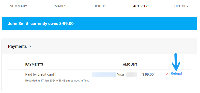 Refund button next to a Credit Card payment on the Activity tab
