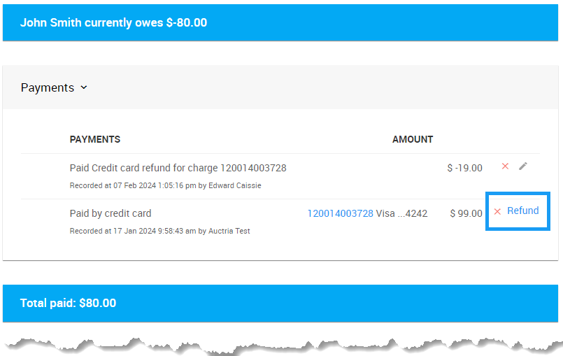 Refund status shown on the original payment in the Activity tab