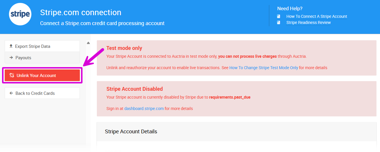Unlink Your Account link on the Stripe.com connection page