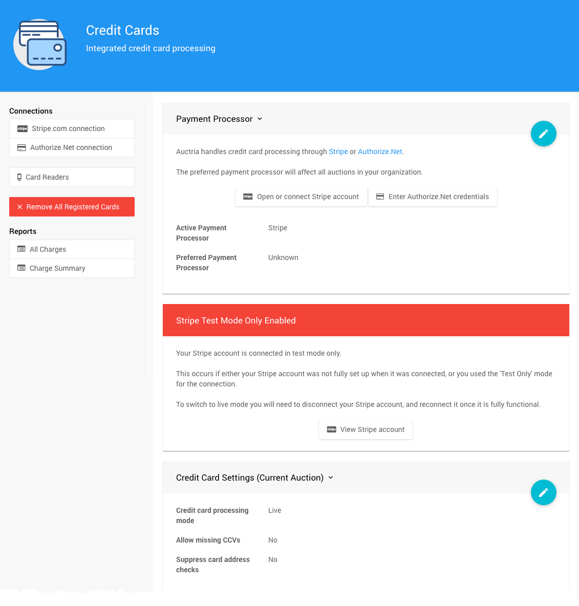 Stripe Test Mode Only Enabled indicator on the Credit Cards dashboard