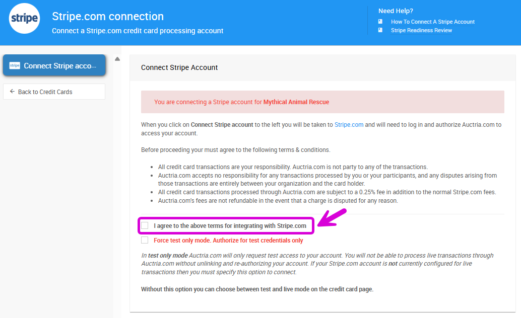 I agree to the above terms for integrating with Stripe.com checkbox