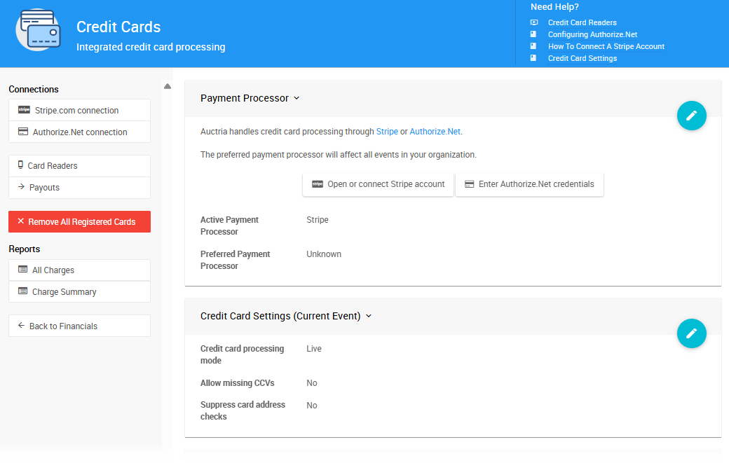 The Credit Cards dashboard in Auctria