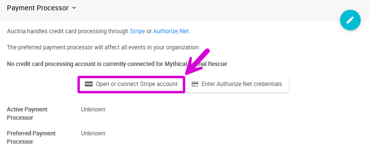 Open or connect Stripe account button in the Payment Processor section