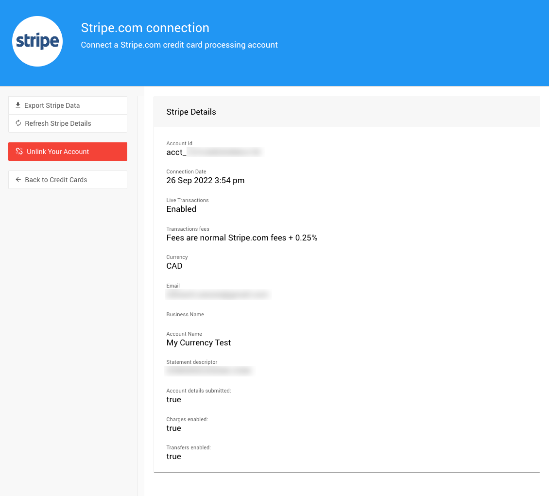 Stripe.com connection details after linking to Auctria