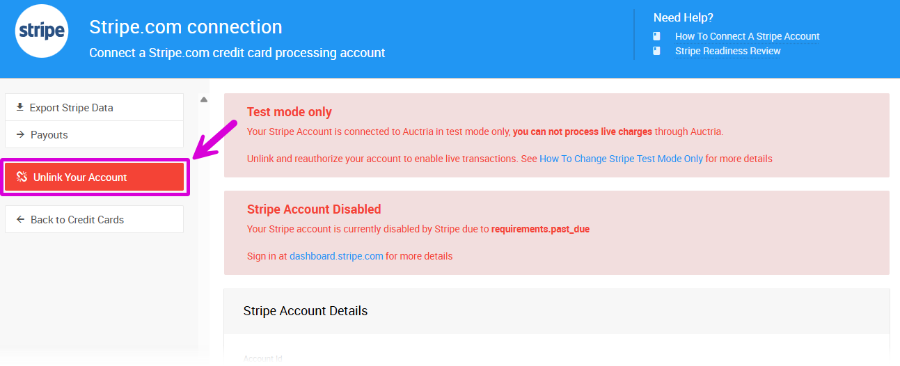 Unlink Your Account link under the Actions sidebar on the Stripe.com connection page