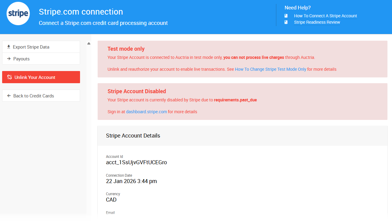 Test mode only message on the Stripe.com connection page