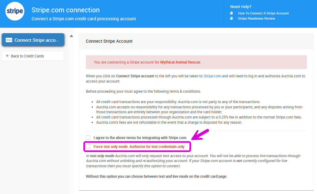 Force test only mode checkbox on the Stripe.com connect page