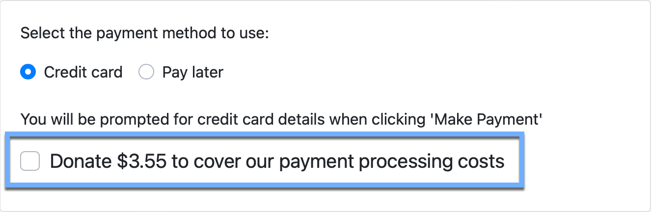 Optional credit card fee shown at checkout