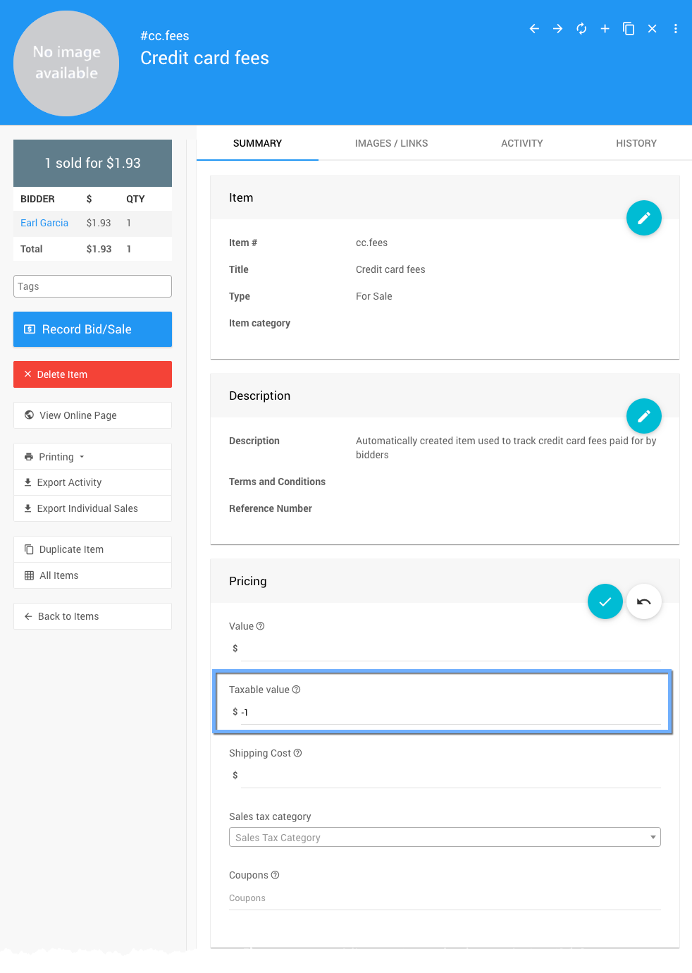 Taxable value field set to -1 on the Item Details page
