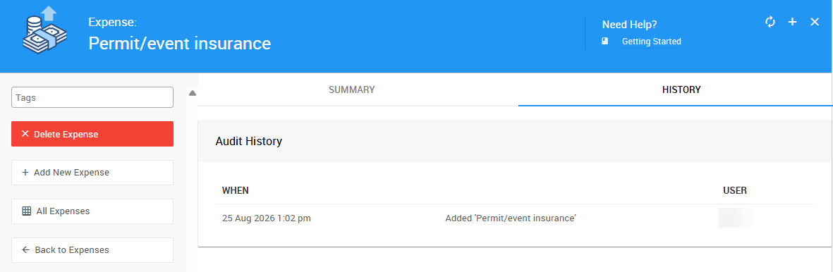 History tab on the Expense Details page