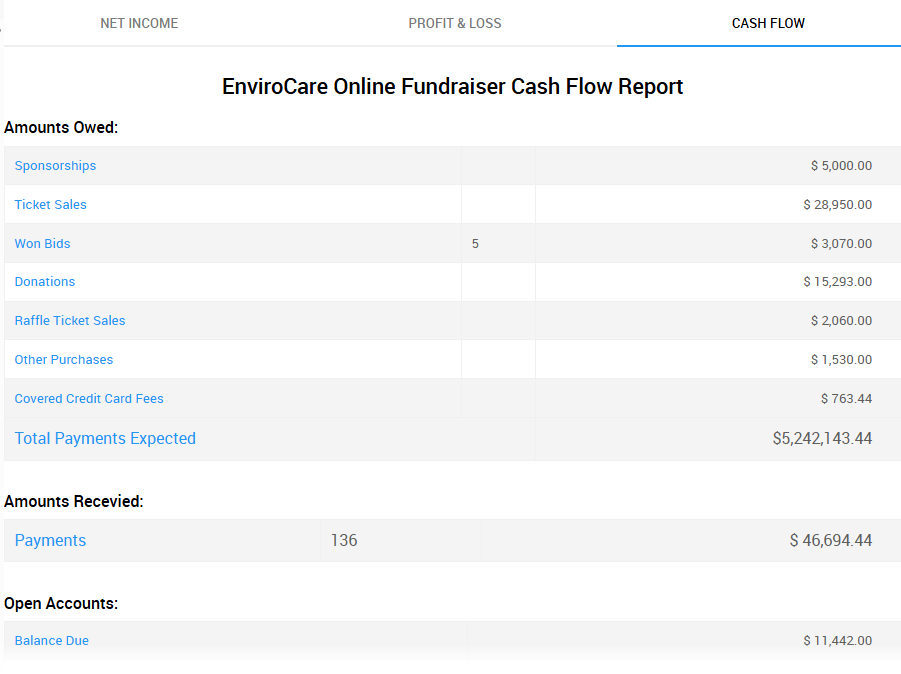 Cash Flow tab on the Financials dashboard