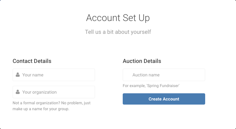 Auctria Account Setup Page to sign up for an account
