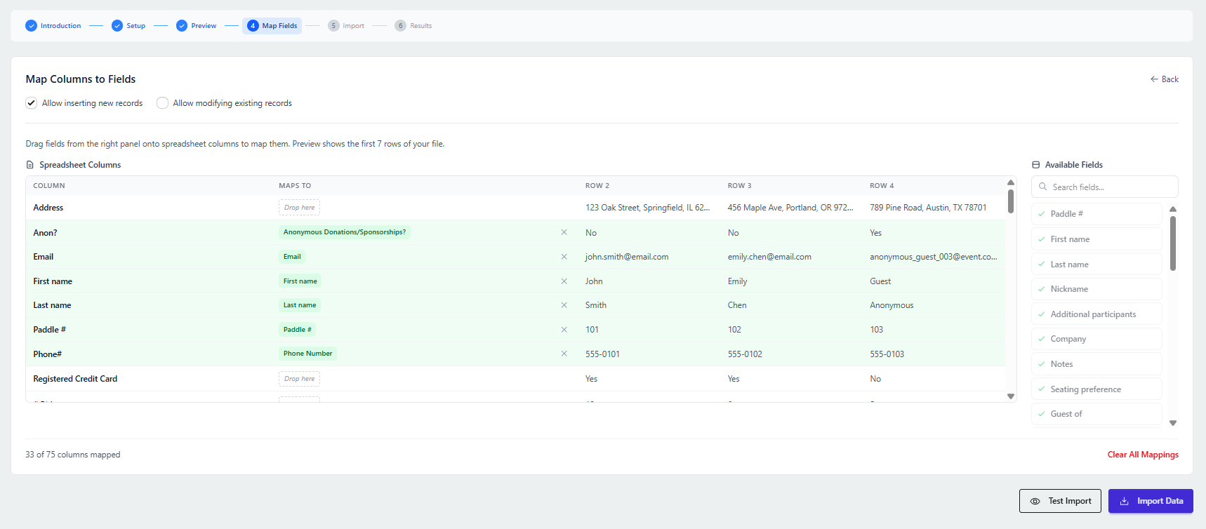 Map Columns to Fields page