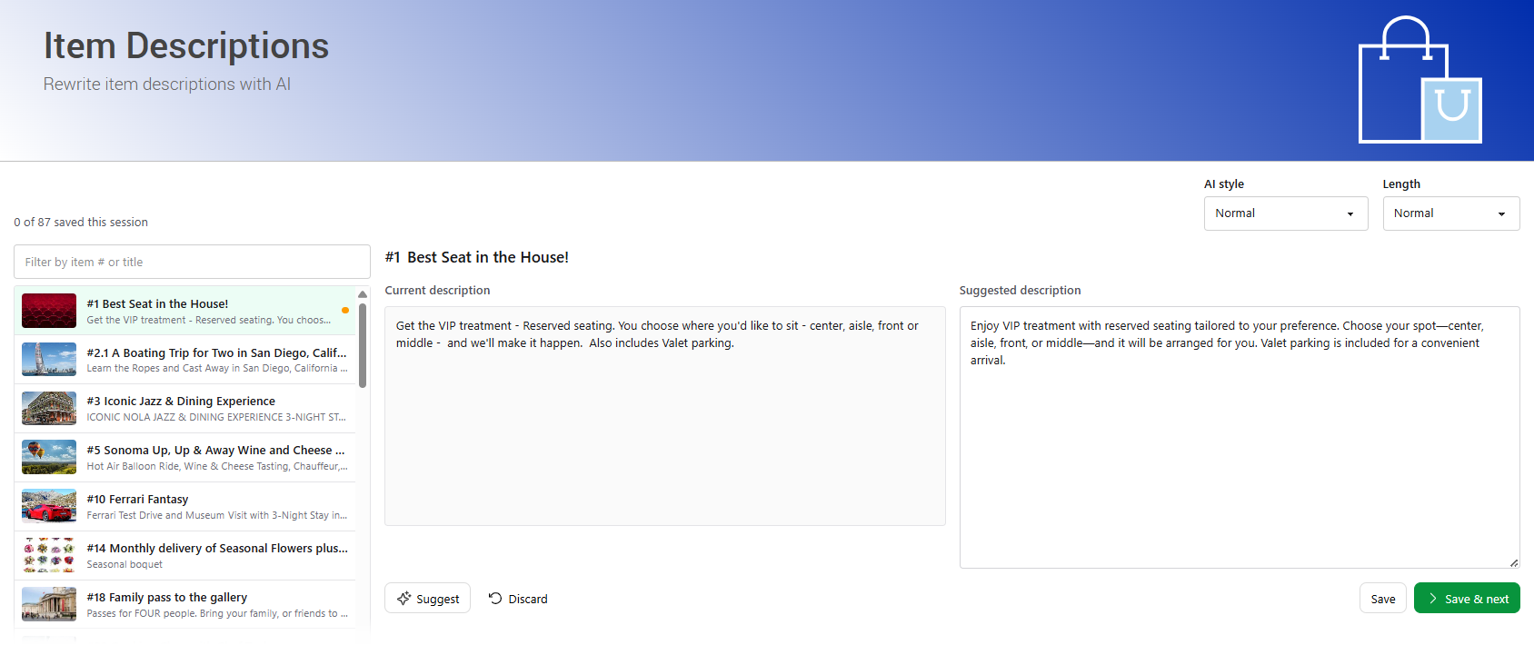 The Item Descriptions page showing the item list, the Current description, and the Suggested description side by side