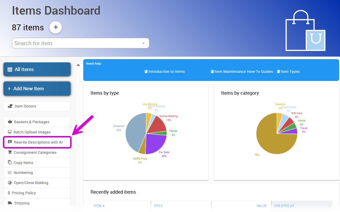 The Rewrite Descriptions with AI action in the Items Dashboard actions sidebar