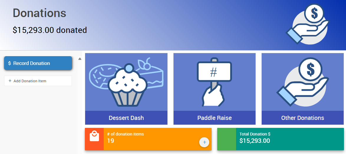 The Donations Dashboard showing the Paddle Raise and Record Donation blocks