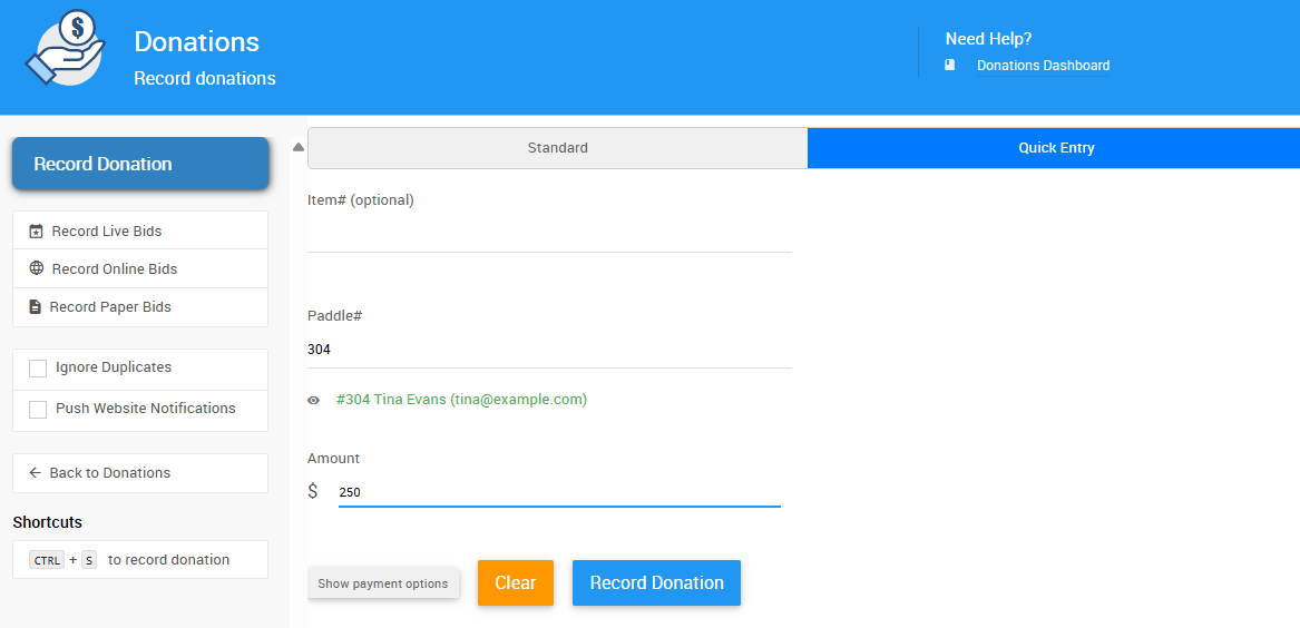 The Record Donation page with Quick Entry and Standard Mode options