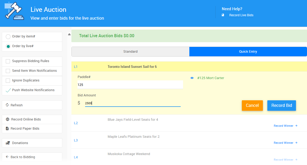Record Winner form on the Record Live Bids page
