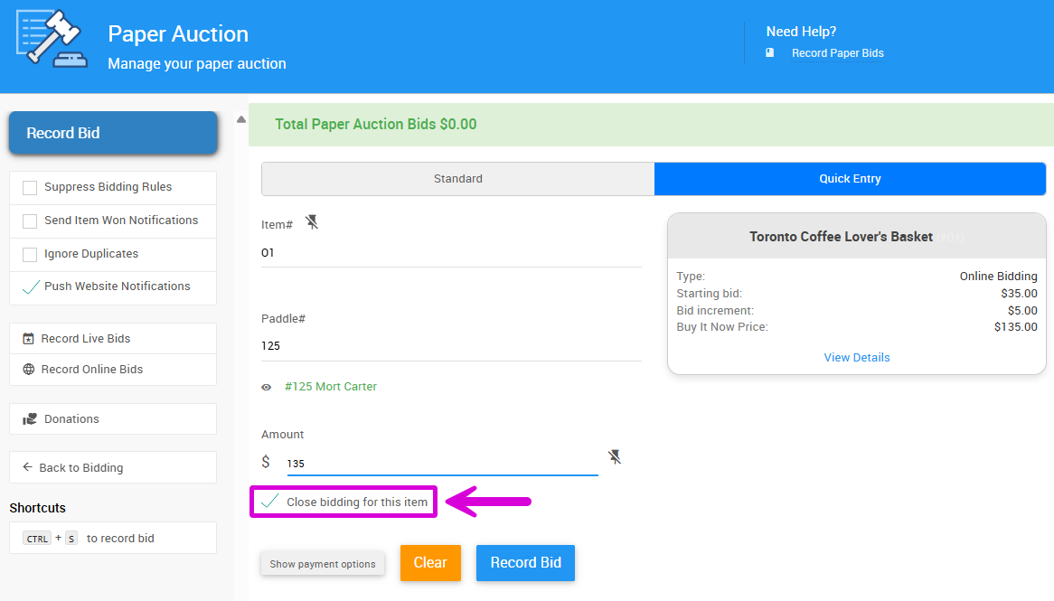 Record Paper Bids page with the Close bidding for this item checkbox
