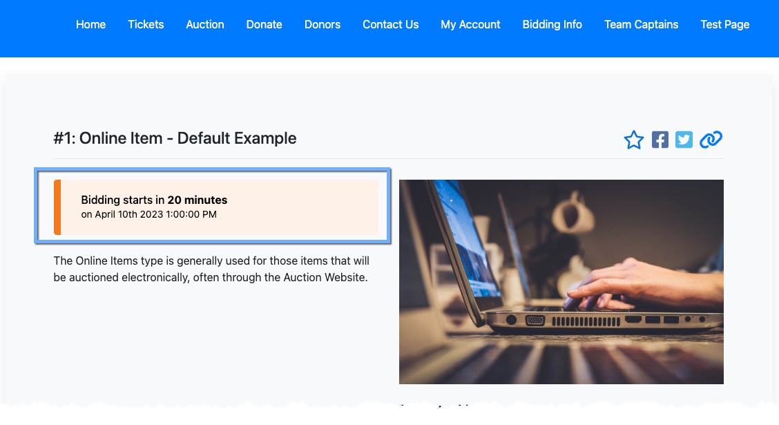 Event website message showing when bidding will resume