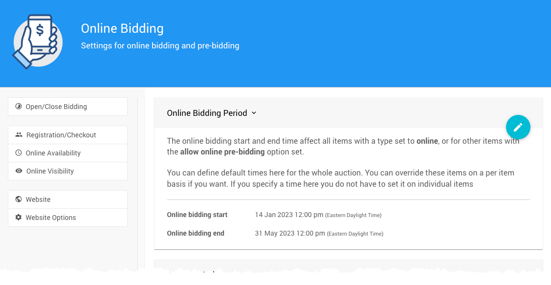 Online Bidding Period section on the Online Bidding page